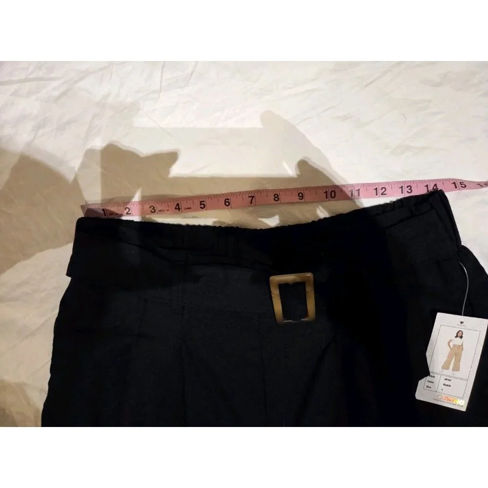 Cisono Black Wide Leg Pleated Linen Black Belted Pull On Pants Elastic Waist L